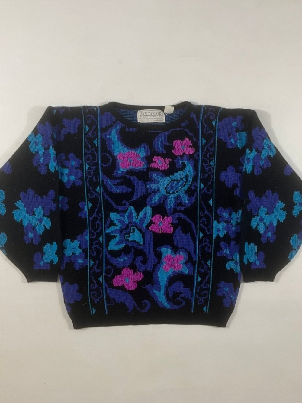 Vintage 80s Jan Taylor Black Blue Paisley Floral Statement Knit Sweater M